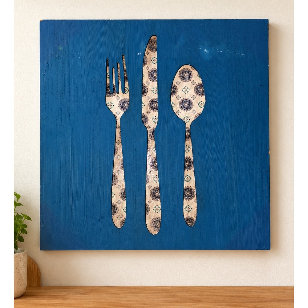 Blue Kitchen Wall Art Fork Knife Spoon Cutlery Plaque Boho Farmhouse Decor 15.5